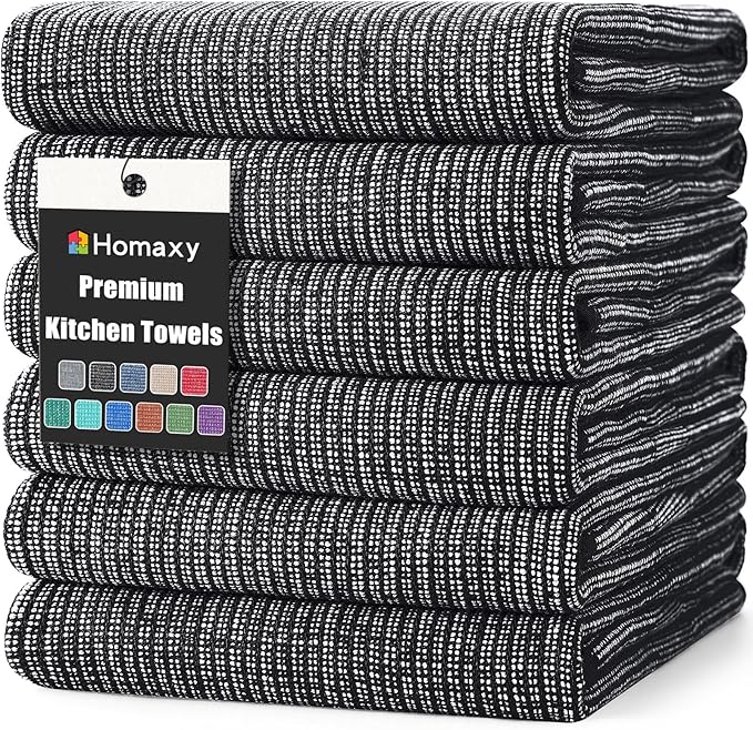 Homaxy 380 GSM Cotton Premium Kitchen Towels 6 Pack, 18"x 28", Black | Flat and Terry Dish Towels, Highly Absorbent Tea Towel Set with Hanging Loop, Soft Utility Kitchen Hand Towels