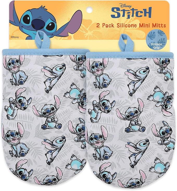 Disney Stitch Mini Oven Mitts, 2-Pack, Heat Resistant 450F | Compact 5.5"x7.5" pot holders for kitchen, printed silicone offers non-slip grip, ambidextrous, hand wash or spot clean
