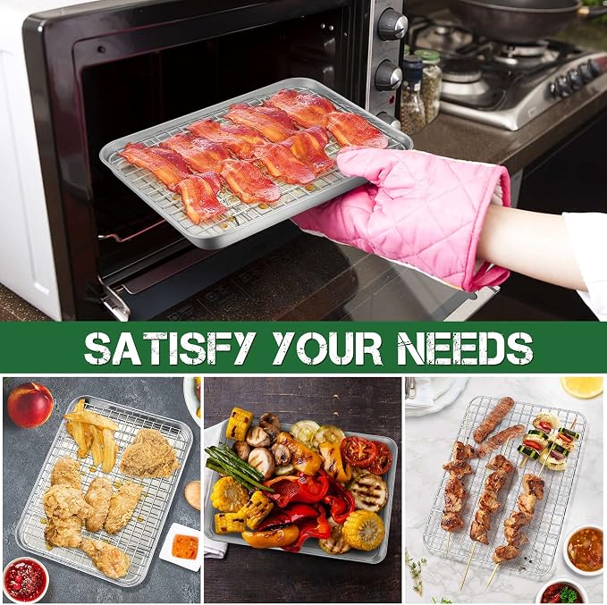 P&P CHEF 10.4 Inch Toaster Oven Pan Tray with Wire Rack, 4 PCS | Baking Sheet Pan + Cooling Rack for Cooking/Roasting, Dishwasher Safe & Rust Free, Non-toxic & Sturdy