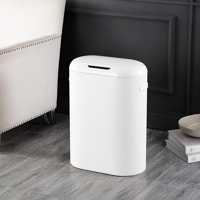 happimess 13.2 Gal Oval Motion Sensor Trash Can, Cotton White | Oval, Motion Sensor, Touch Mode, Soft Close Lid, Powder Coated Iron, 17.7" W x 9.84" D x 24.2" H