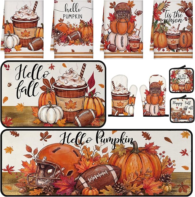 Fanfanwin 10 Pcs Fall Football Kitchen Decor and Accessories Set Autumn Kitchen Towels Pot Holders Oven Mitts and Rugs Set Football Decorations for Home Baking Cooking BBQ Housewarming Gifts