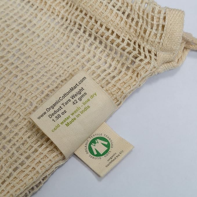 Reusable Cotton Mesh Produce Bags - 100% Organic Cotton, 8"x10", Drawstring Closure Mesh Bags to Store Cilantro, Lime and Small Vegetables and Produce (3 Small - 8"x10")