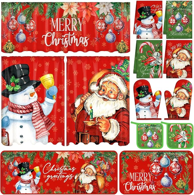 13 Pcs Christmas Kitchen Sets Christmas Oven Mitts and Pot Holders Set Xmas Kitchen Dish Towels Santa Rugs and Nonslip Mats for Home Cooking Baking Grilling Gift Decoration