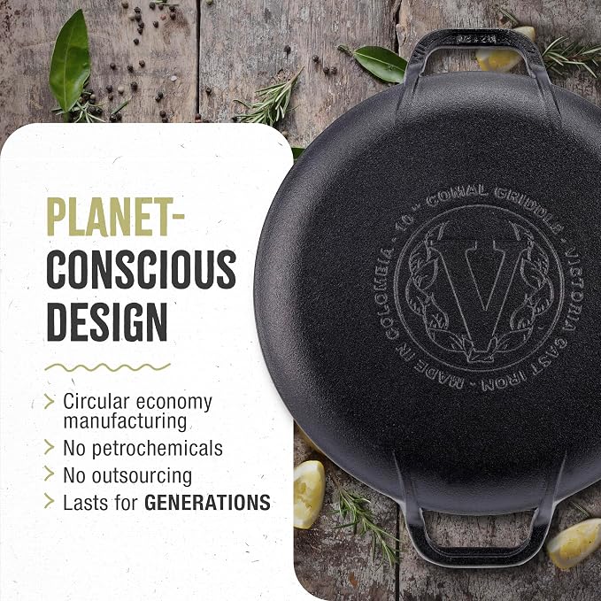 Victoria 10-Inch Cast Iron Comal Pizza Pan with 2 Side Handles, Preseasoned with Flaxseed Oil, Made in Colombia, Black