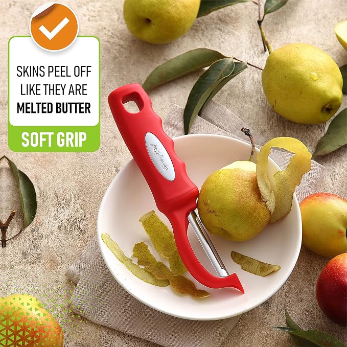 Spring Chef Swivel Vegetable Peeler with Ergonomic Handle, Set of 2, Red | Premium Potato Peeler w/ Ultra Sharp Stainless Steel Blades, Multifunctional Veggie Peeler for Apple, Carrot, Cucumber, Fruit