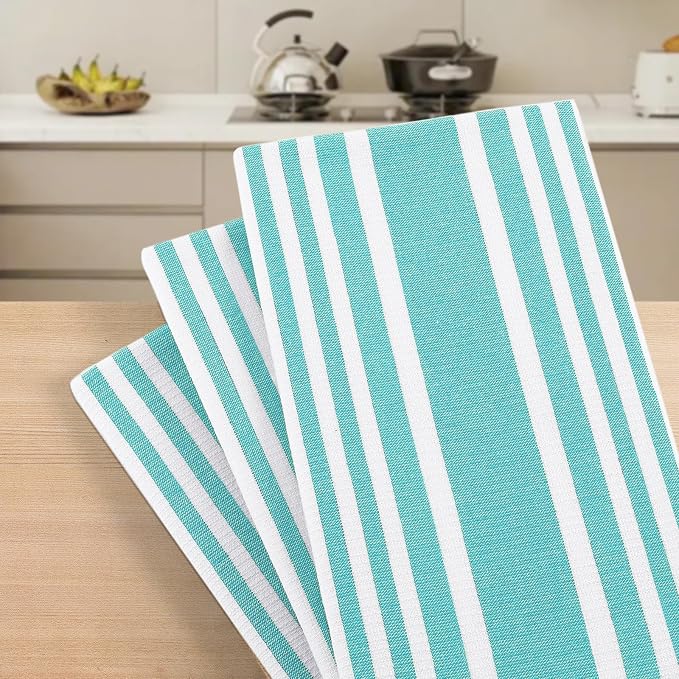 Homaxy Premium Cotton Stripe Kitchen Towels 6 Pack, 18"x 28", Teal | Large 380 GSM Kitchen Hand Towels, Soft Terry Dish Towels, Highly Absorbent Tea Towel Set with Hanging Loop