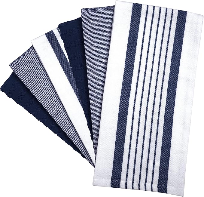 Premium Kitchen Towels 6 Pack 100% Cotton 20"x28" Dish Towels Navy Striped | Large Flat & Terry Kitchen Linen Set with Hanging Loops, Highly Absorbent for Washing and Drying Dishes