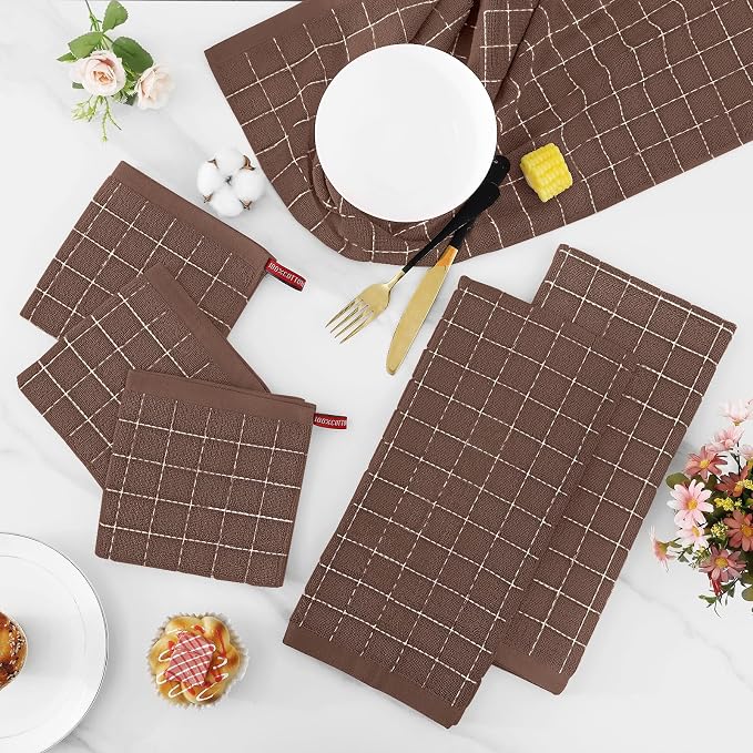 Homaxy Kitchen Towels and Dishcloths Set, Set of 8, Brown | Bulk Cotton Terry Kitchen Towels, Checkered Designed, Soft and Super Absorbent Dish Towels, 12 x 12 and 13 x 28 Inches