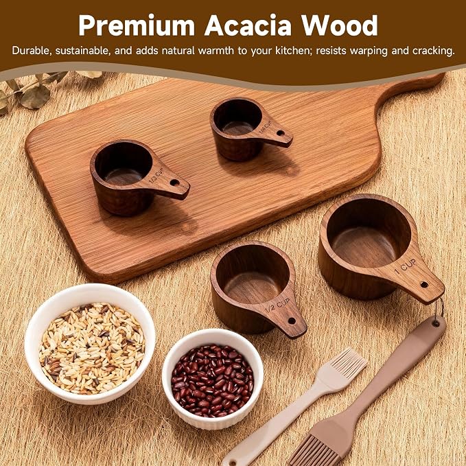 Wooden Measuring Cups and Spoons Set - Eco-Friendly Solid Acacia Wood, Laser Engraved Measurements, Perfect for Baking & Cooking - Ideal for Bakers (4-Pc Acacia Wood Measuring Cups)