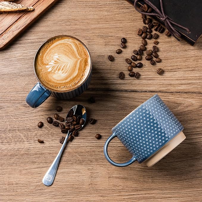 GBhome 12 OZ Stackable Coffee Mugs Set of 6, Ceramic Coffee Cups Set | 3 Assorted Designs, Embossed Mugs with Texture Patterns for Tea/Latte/Cappuccino, Dishwasher&Microwave Safe