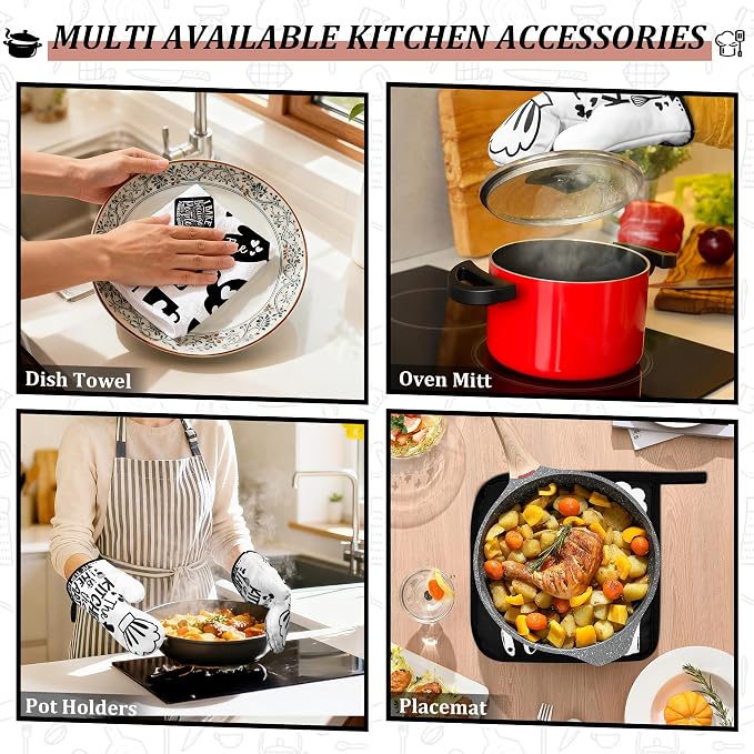 8 Pcs Farmhouse Kitchen Decor Accessories Set 4 Black White Kitchen Dish Towels 2 Oven Mitts 2 Pot Holders Kitchens Towels Pot Holders Oven Mitt Decor for Cooking Baking Housewarming