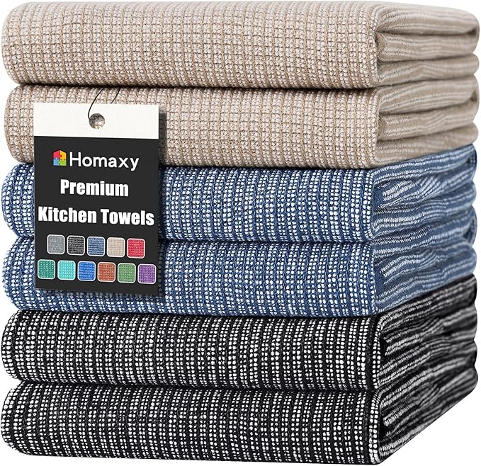 Homaxy 380 GSM Cotton Premium Kitchen Towels 6 Pack, 18"x 28", Mix | Flat and Terry Dish Towels, Highly Absorbent Tea Towel Set with Hanging Loop, Soft Kitchen Hand Towels, Navy/Khaki/Black