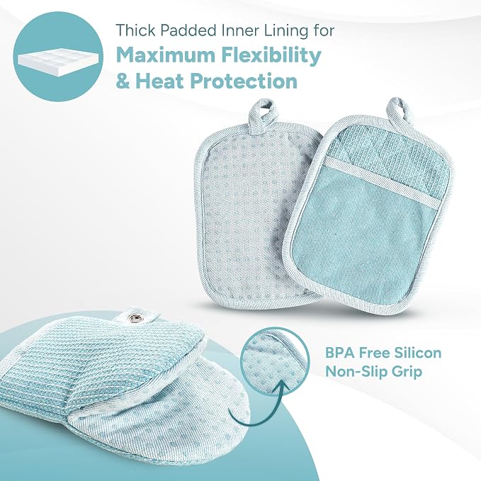 Casa Platino Oven Mitts and Pot Holders Sets, 8-Piece – 500°F Heat Resistant Mini Oven Mitt with Silicone Grip, Potholders for Kitchens, 2 Kitchen Towels & 2 Dish Cloths – Non-Slip & Durable – Aqua