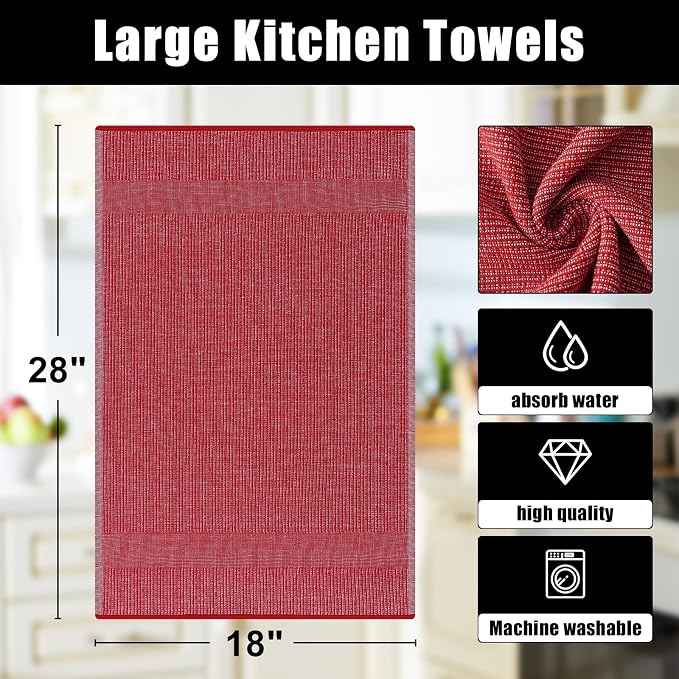 Homaxy 380 GSM Cotton Premium Kitchen Towels 6 Pack, 18"x 28", Red | Flat and Terry Dish Towels, Highly Absorbent Tea Towel Set with Hanging Loop, Soft Utility Kitchen Hand Towels