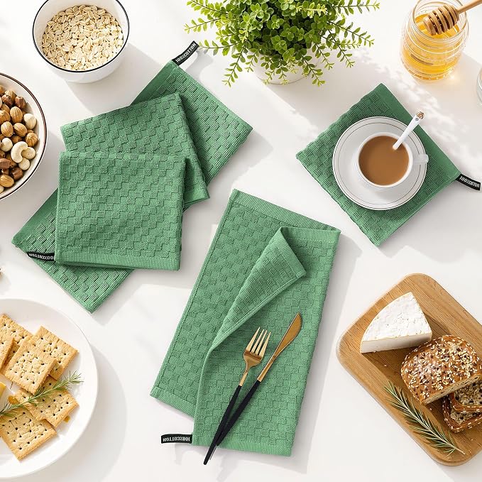 Homaxy 100% Cotton Terry Dish Cloths, 12"x12", 8-Pack, Grass Green | Ultra Soft Absorbent Dish Towels with Hanging Loop, Pineapple Grid Designed