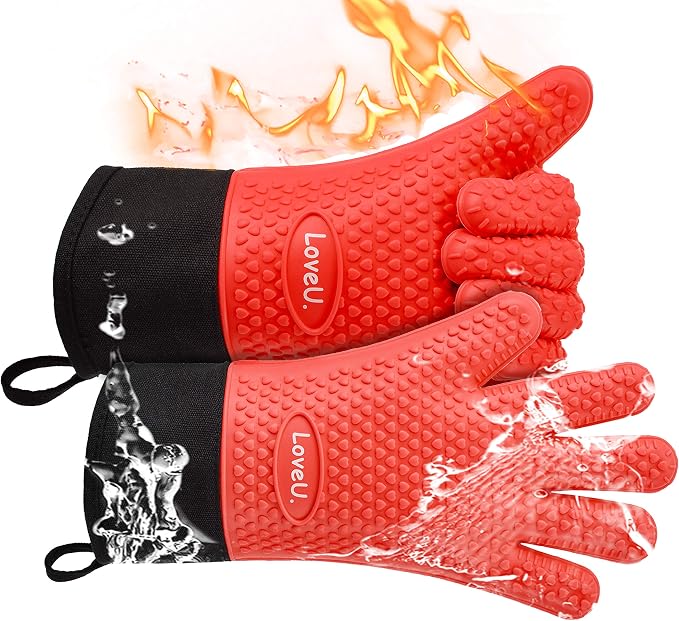 Silicone Oven Mitts Gloves - Heat Resistant, Non-Slip for BBQ, Grilling | 450°F Double-Layer｜Waterproof Kitchen Cooking Barbecue Mittens ｜5 Finger Hot Mitt for Baking, Smoker& Cast Iron(One Size)