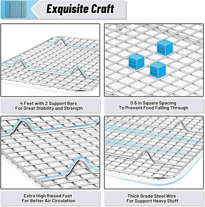 TeamFar Cooling Rack, 11.75”x9” Stainless Steel Baking Grid Wire Rack | Roasting Grilling Cooking Racks for Cookie Cake Bread, Fit Baking Pan for Christmas Anniversary Party, Dishwasher Safe- 2PCS