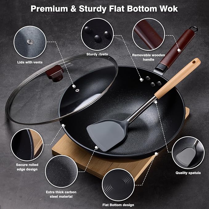 Teewe Carbon Steel Wok -13 Inch Woks & Stir-fry Pans Nonstick, Wok Pan with Glass Lid Spatula and Dish Brush: Pre-Seasoned Flat Bottom Chinese Wok for Induction, Electric, Gas, All Stoves