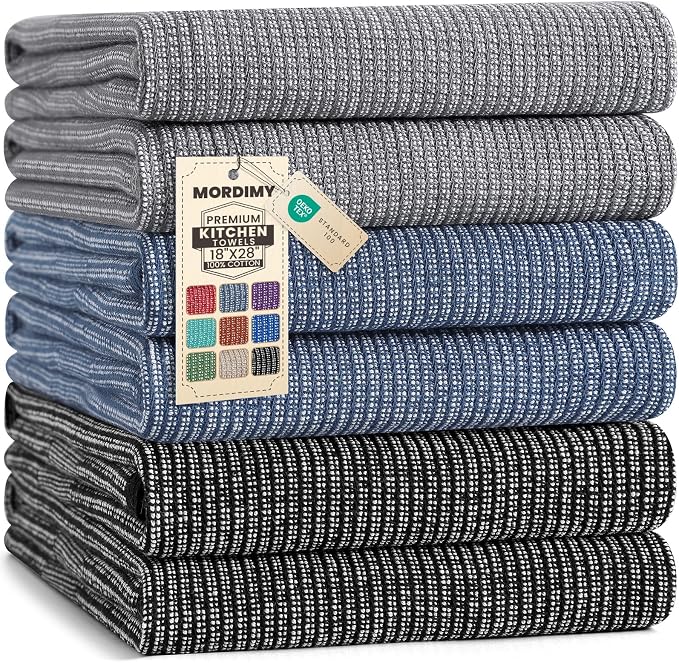 Mordimy Cotton Kitchen Towels (18"x 28", 6 Pack), Navy Blue/Grey/Black | 100% Ring Spun Cotton, Super Absorbent, 380 GSM, Flat & Terry, Soft, Hanging Loop Dish Towels