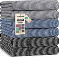Mordimy Cotton Kitchen Towels (18"x 28", 6 Pack), Navy Blue/Grey/Black | 100% Ring Spun Cotton, Super Absorbent, 380 GSM, Flat & Terry, Soft, Hanging Loop Dish Towels