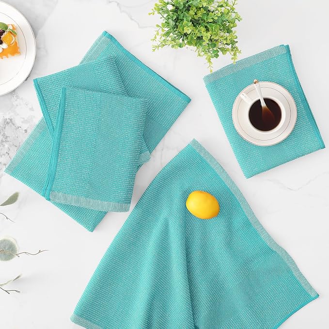 Mordimy Premium Large Cotton Kitchen Towels (18"x 28", 6 Pack), Teal | 100% Ring Spun Cotton, Super Absorbent, 380 GSM, Flat & Terry, Soft, Hanging Loop Dish Towels