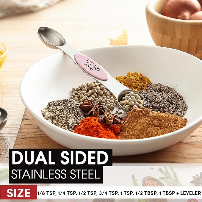 Spring Chef Stainless Steel 8 Magnetic Measuring Spoons Set, Pink Lemonade | Dual Sided Metal Teaspoon & Tablespoon Measuring Spoons with Leveler for Dry & Liquid Ingredients, Fits in Kitchen Spice Jars