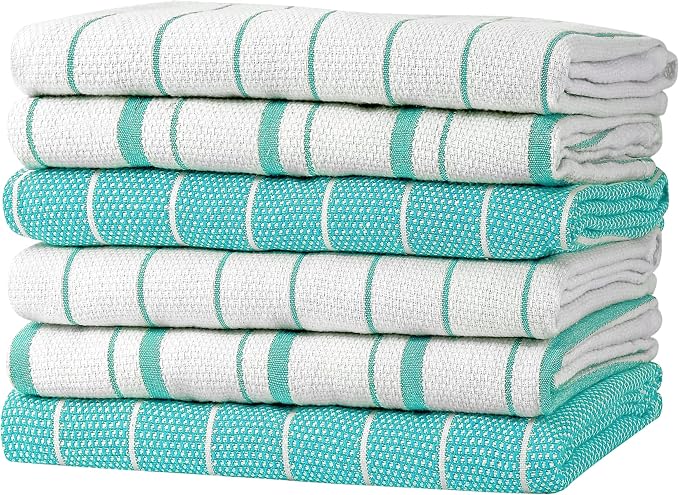 Zeppoli Classic Kitchen Towels - 6 Pack 100% Natural Cotton Towel Set, Reusable Wash Cloths, Absorbent Dish Towels, Machine Washable Hand Towels, Kitchen Essentials, 20" x 28" - Aqua Base