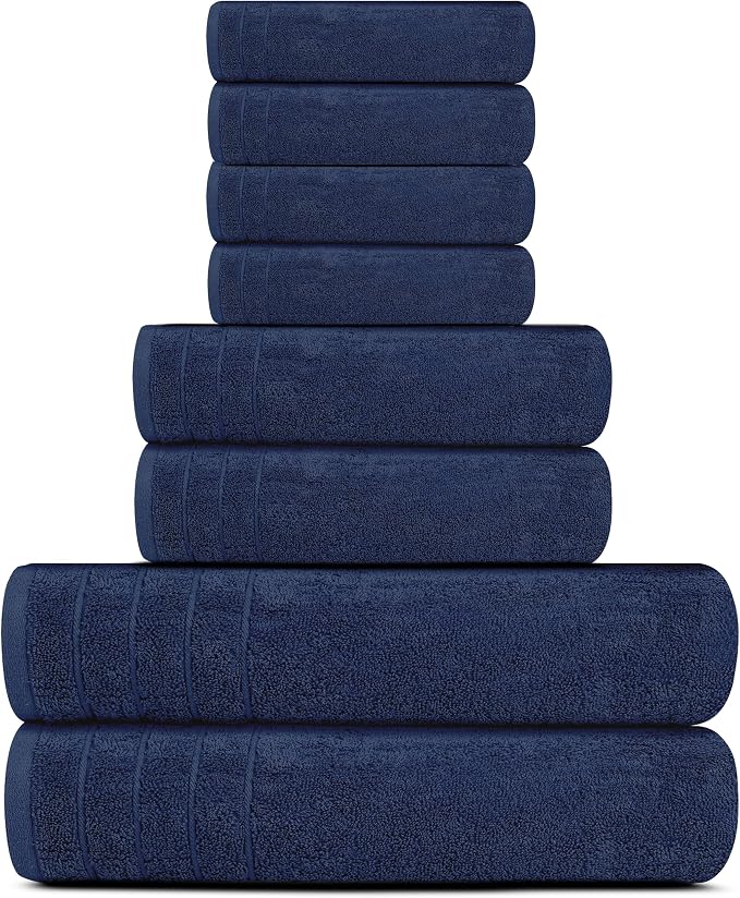 8 Piece Towel Set, 2 XL Bath, 2 Hand, 4 Washcloth, Navy | 100% Cotton, Lighter Weight, Quicker to Dry, Super Absorbent, Perfect for Bathroom