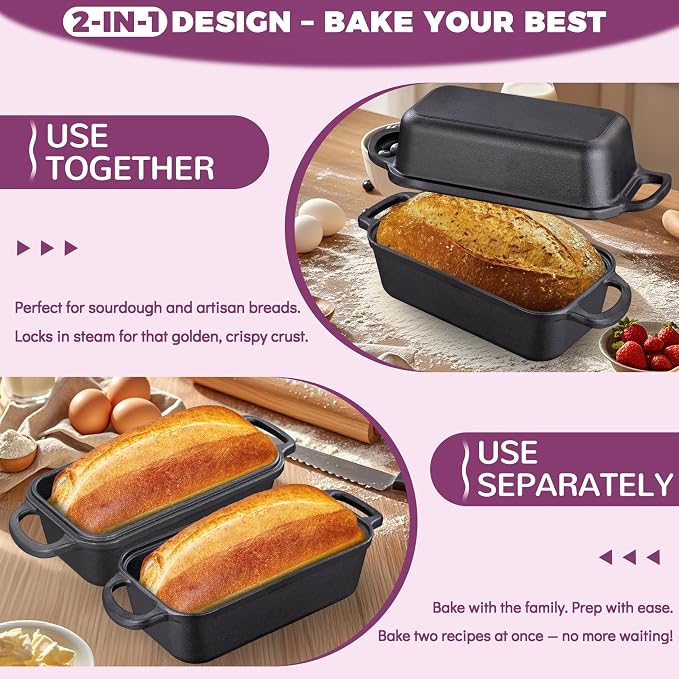 Cast Iron Loaf Pan with Lid 9x5 Inch,Sourdough Pan | 2 in 1 Loaf Pans for Baking Bread, Even Heat Distribution for Sourdough, Homemade Bread
