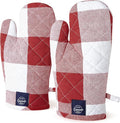 Encasa XO Oven Mitts, Heat Resistant Kitchen Gloves, Microwave | Buffalo Red Checks, 100% Cotton | Diamond Quilted Insulation | Pot Holders | Hanging Loop | Barbecue & Grill | Set of 2