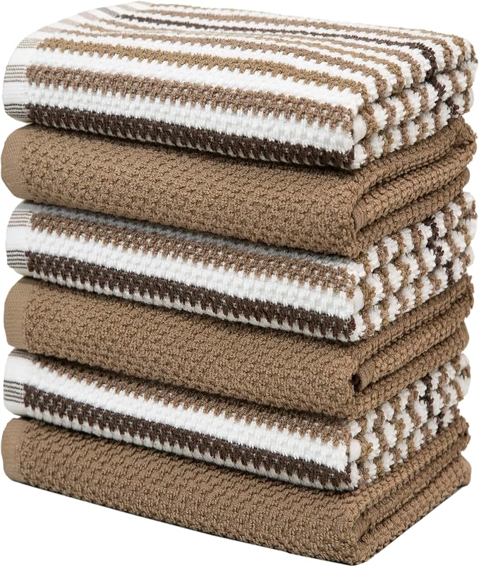 Bumble Kitchen Towels 6 Pack 100% Cotton 16"x26" - Tan Wide Stripe | 430 GSM Soft Kitchen Hand Towels with Hanging Loop, Highly Absorbent & Durable for Washing and Drying Dishes