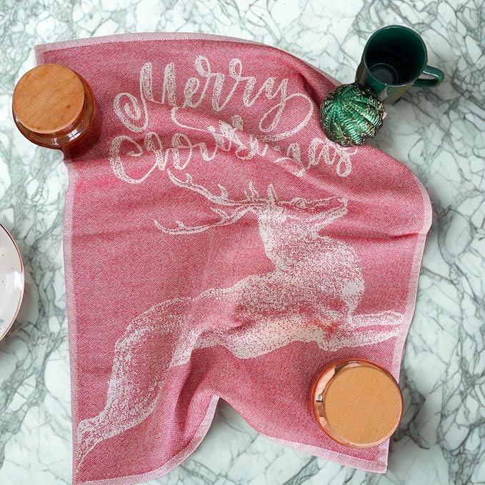 Christmas Tea Towel Set of 4-100% Cotton Jacquard Kitchen Towels, Festive Dish Towels for Christmas Decor, Perfect Hostess Gift (Merry Christmas)
