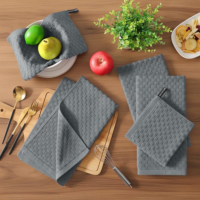 Homaxy 100% Cotton Terry Kitchen Towels(15" x 25", 12 Pack), Dark Grey | Soft and Super Absorbent Dish Towels, 380 GSM Reusable Tea Towel with Hanging Loop, Pineapple Grid Designed