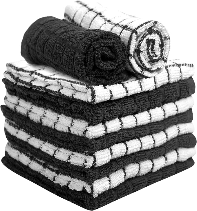 Bumble Dish Cloths (8-Pack), 100% Cotton Kitchen Towels, 12"x12" - Black | 405 GSM | Soft, Highly Absorbent & Durable Dish Towels for Kitchen