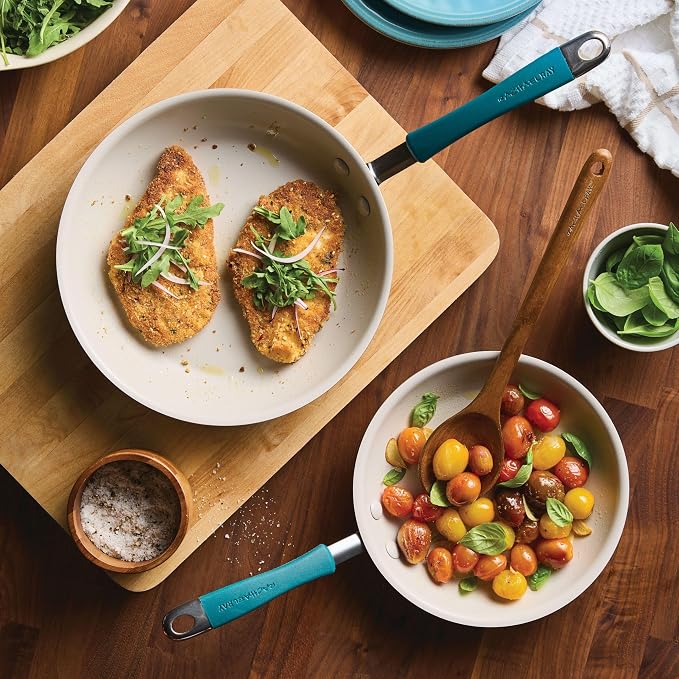 Rachael Ray Cucina Ceramic Nonstick Frying Pans/Skillet Set, Dishwasher Safe, 8.5 inch and 10 inch Open Fry Pans - Marine Blue