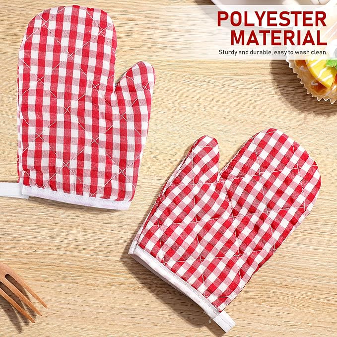 2Pcs Oven Mitts for Play Kitchen, Anti- Scald Gloves Microwave Oven Gloves Kitchen Mitts for Safe Baking Cooking (Red Checkered)