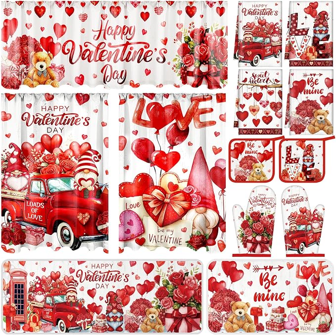 13 Pcs Valentine's Day Kitchen Sets with Kitchen Towels Non Slip Mats Curtains Valance Pot Holders Oven Mitts Red Love Heart Home Decor Accessories Sets for Valentines Cooking Grilling Baking Gift