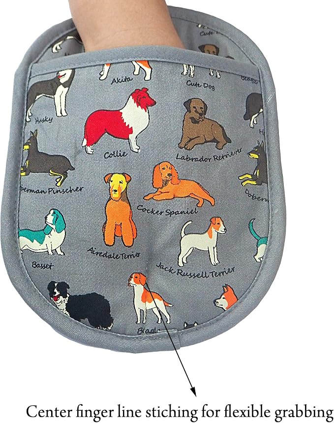 Pot Holders with Transparent Clear Silicone Shell and Nice Dog Flower | Cotton Lining Set of 2 Potholders Heat Resistant to 500 F Kitchen Oven Gloves for Cooking (Grey Dog, Potholders)