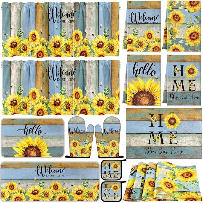 Fourluoo 16 Pcs Sunflower Kitchen Decor Set Kitchen Towels Non Slip Rugs and Mats Oven Mitts Gloves Pot Holders Placemats Curtains for Decor Gift
