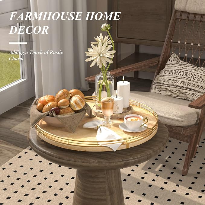 AMH16-Inch Rustic Lazy Susan with Solid Oak Base and Black Iron Rail | Smooth rotating oak tray with walnut finish for dining tables, kitchen counters, pantries and cabinet storage.