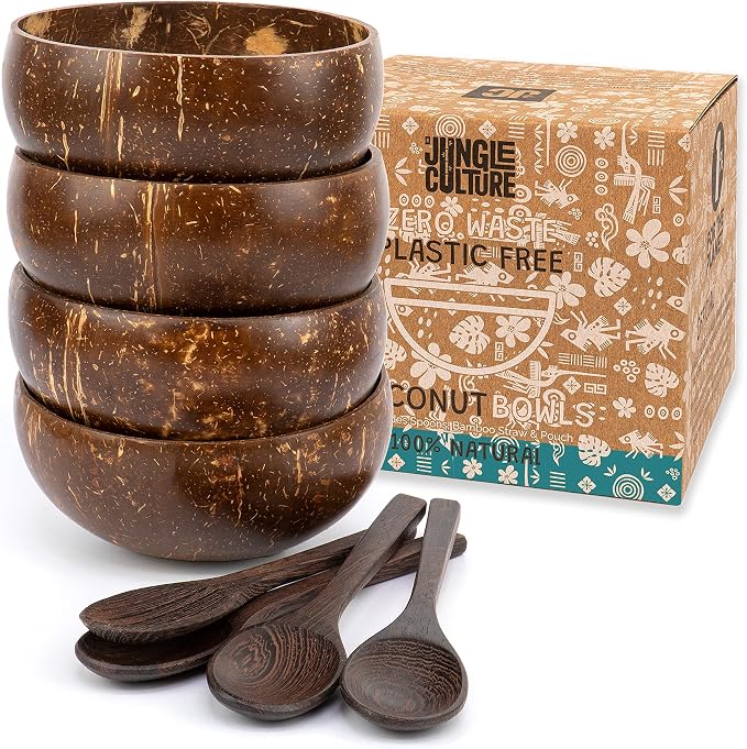 Jungle Culture 4 Polished Coconut Bowl & Wooden Spoons Set with Bamboo Straws • Smoothie Bowls Ideal for Ninja Creami • Healthy Yoghurt & Acai Bowls • Natural Coco Shell Eco Friendly Vegan Gifts