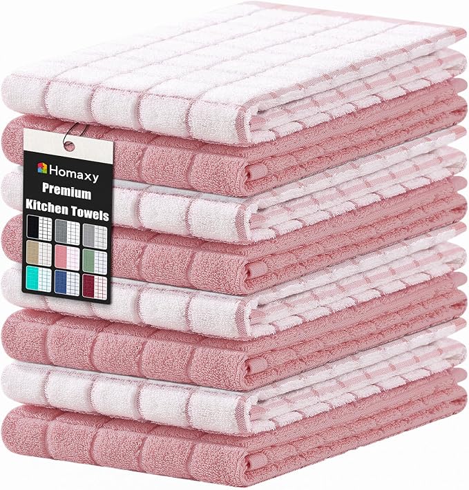 Homaxy Large Premium Cotton Kitchen Towels 16"x 28", 8 Pack, Rose | Natural Ring Spun 390 GSM Dish Towels, Super Absorbent Terry Kitchen Hand Towels, Soft Tea Towels with Hanging Loop