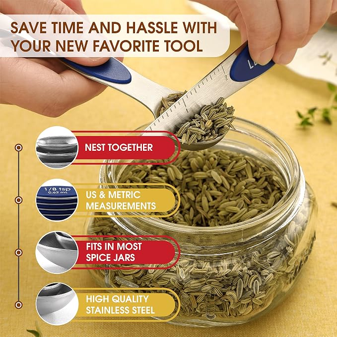Spring Chef 8 Magnetic Measuring Spoons Set for Baking & Cooking, Sapphire | Stainless Steel Teaspoon & Tablespoon Measuring Spoons with Leveler for Dry & Liquid Ingredients, Dual Sided, Dishwasher Safe