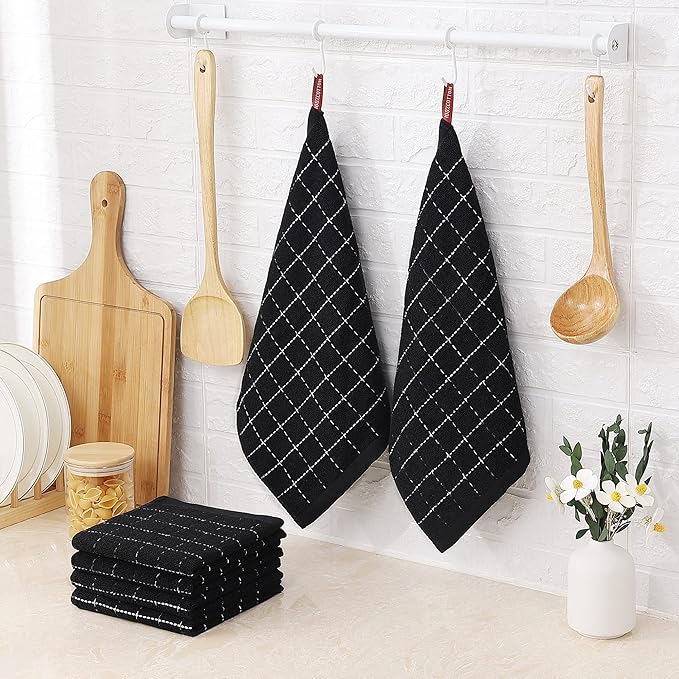 Homaxy 100% Cotton Terry Kitchen Dish Cloths, 8 Pack, Black | Ultra Soft and Absorbent, Suitable for Drying and Washing Dishes