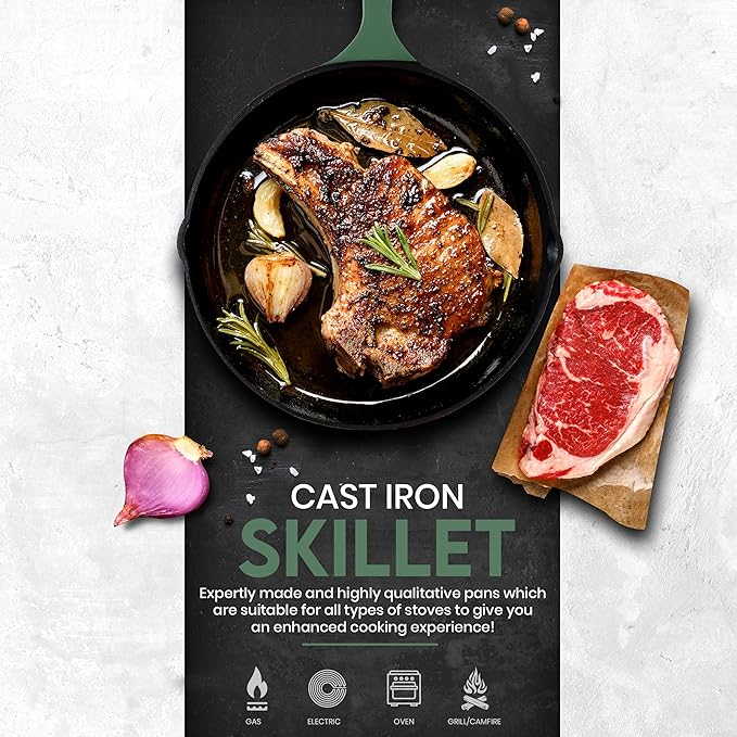 Utopia Kitchen Cast Iron Skillet Set 3 Piece 6 8 10 Inch PFAS-Free Green | Chef Pan, Even Heat Distribution, Stovetop, Campfire and Grill Safe, Large Skillet Set, Indoor Outdoor Use