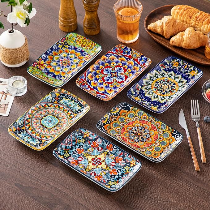 vancasso Simi 6-Piece Rectangular Ceramic Plates Set, 8.5" x 5.1" Small Dessert & Sushi Plates, Bohemian Appetizer Serving Plates, Microwave & Oven Safe Porcelain Plates