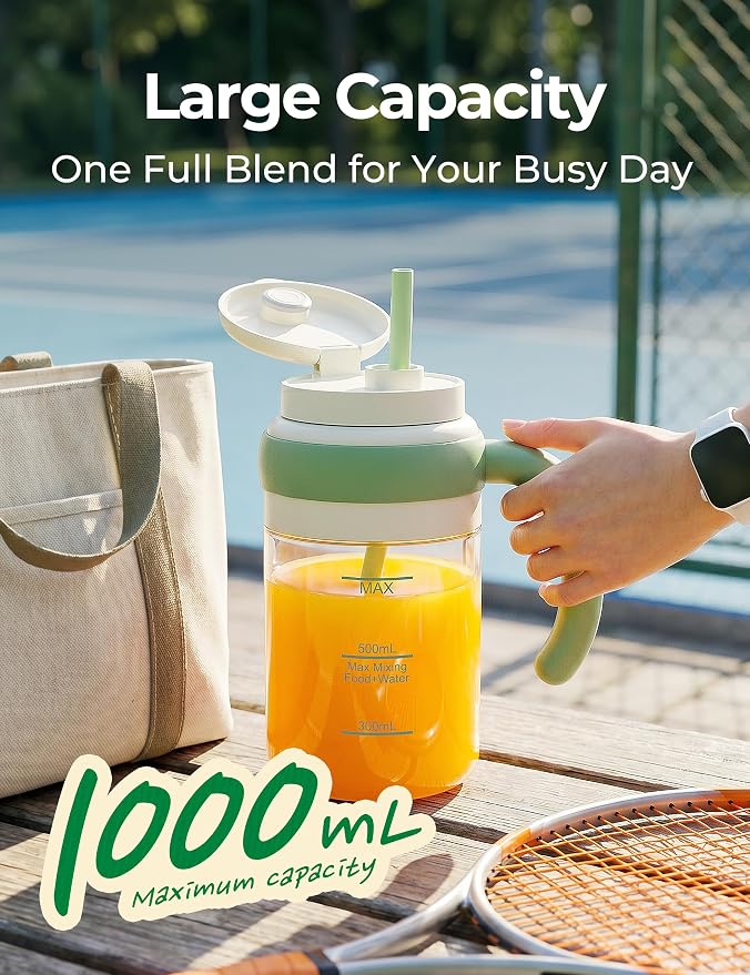 Portable Juicer Blender Cup, USB-C Rechargeable, Green | LED display, cordless use and dual lids for fruit drinks, protein shakes and small ice cubes; 500ml max blending.