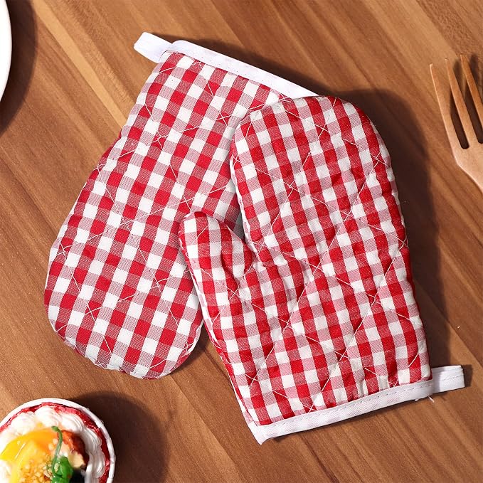 2Pcs Oven Mitts for Play Kitchen, Anti- Scald Gloves Microwave Oven Gloves Kitchen Mitts for Safe Baking Cooking (Red Checkered)