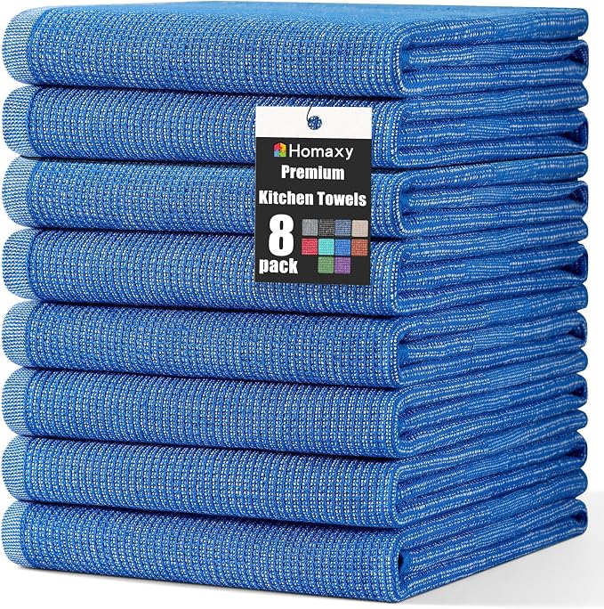 Homaxy 380 GSM Cotton Premium Kitchen Towels 8 Pack, 18"x 28", Blueberry | Flat and Terry Dish Towels, Highly Absorbent Tea Towel Set with Hanging Loop, Soft Utility Kitchen Hand Towels