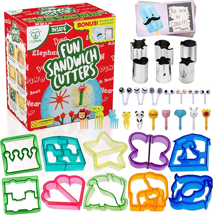 Fun Sandwich and Bread Cutter Shapes for kids - 10 Crust & Cookie Cutters - Mini Heart & Flower Stainless Steel Vegetable & Fruit Stamp Set and 20 Food Picks Loved by both Boys & Girls!